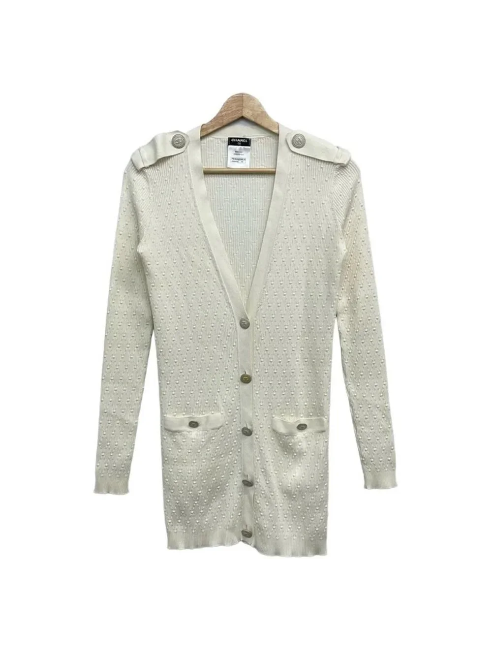 Chanel Cardigan 34 S White Long Sleeve CC Logo Tag One Side Resewn